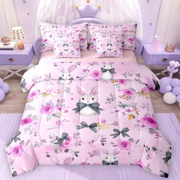 Erosebridal Bow Flower Rabbit Bedding Comforter Set for Girls, Pink Floral Queen Bedding Sets, Pink Reversible, 7pcs