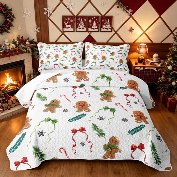 Erosebridal Bow Gingerbread Man Twin Quilt Set, Candy Cane Twin Coverlet Set, Off White Tan, 2pcs, 1 Bedspread and 1 Pillowcase