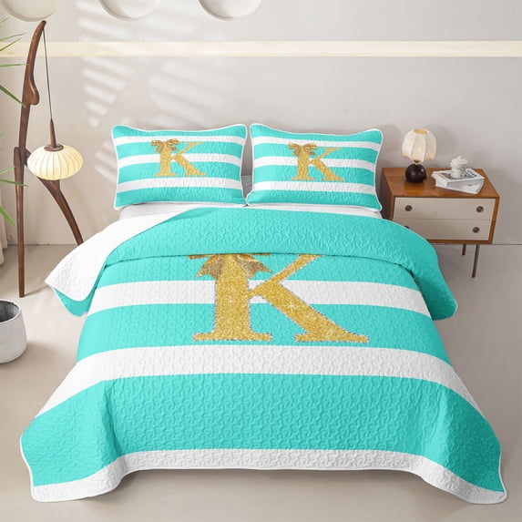 Erosebridal Bow K Letter Quilt Full for Boys Girls, Fashion Stripes Line Full Bedspread Sets, 3 Pieces