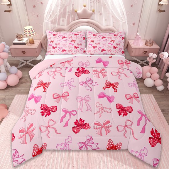 Erosebridal Bow Knot Pattern Bedding Sets Queen with Comforter,Cartoon Bow Bowknot Duvet Insert,Fairy Tale Comforter Sets Queen Size For Teens,Lightweight Bedroom Decorative Reversible,3pcs