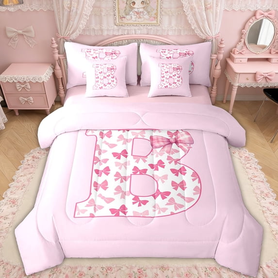 Erosebridal Bow Letter B Bedding Comforter Set for Girls, Pink Initial Ribbon Full Bedding Set, Pink Reversible, 7-Piece