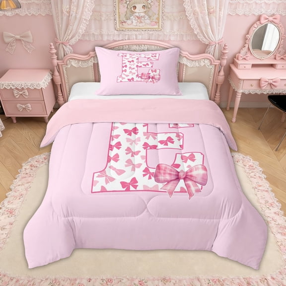 Erosebridal Bow Letter E Twin Comforter Sets for Girls, Pink Initial Ribbon Bedding Set, Pink Reversible, 2-Piece