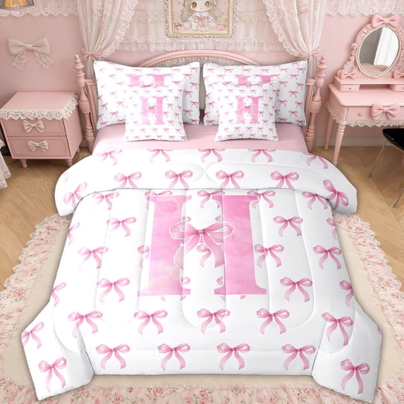 Erosebridal Bow Letter H Twin Bedding Sets for Girls, Pink Watercolor Ribbon Bedding Comforter Set, Pink Reversible, 7pcs