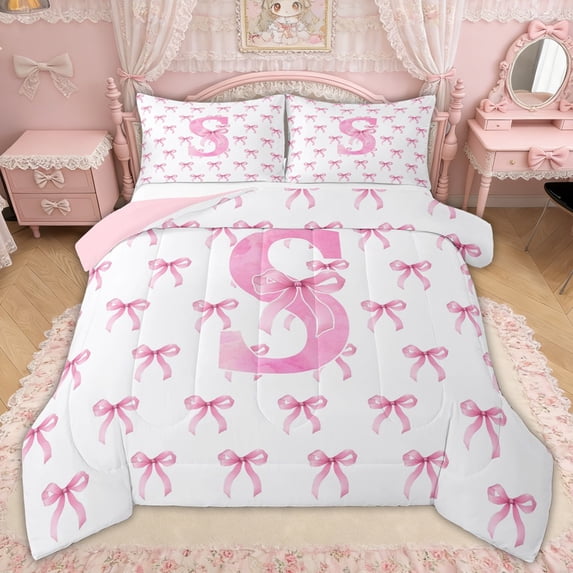Erosebridal Bow Letter S Queen Comforter Set for Girls, Pink Watercolor Ribbon Bedding Comforter Set, Pink Reversible, 3 Pieces