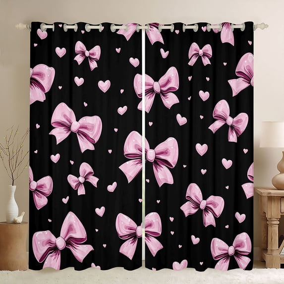 Erosebridal Bow Love Heart Curtains Pack of 2 (42x84 Each) for Girls, Black Pink Bowknot Curtains Blackout for Women