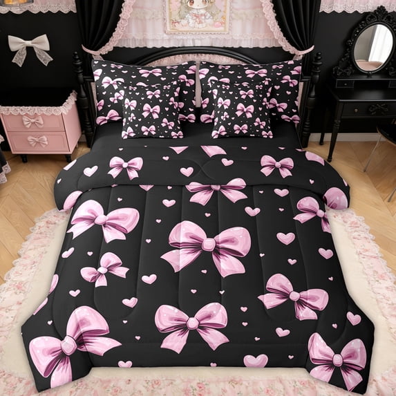 Erosebridal Bow Love Heart Twin Bedding Sets for Girls, Black Pink Bowknot Bedding Comforter Set for Women, Black Reversible, 7-Piece