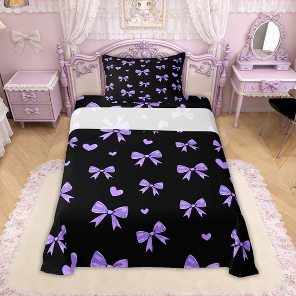 Erosebridal Bow Love Heart Twin Sheet Sets for Girls, Purple Princes Style Bedding, 3 Pieces