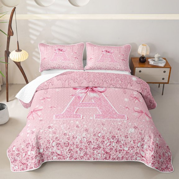 Erosebridal Bow Monogrammed A Twin Quilt Set for Girls, Pink Glitter Print Twin Coverlet Set, 2pcs 1 Quilt and 1 Pillowcase