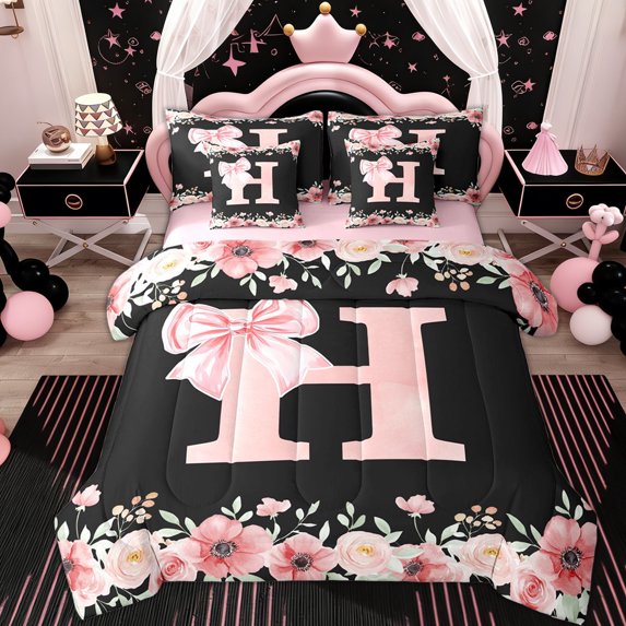 Erosebridal Bow Monogrammed H Girls Bedding Comforter Set 7 Pieces, Pink Flower Full Bedding Set