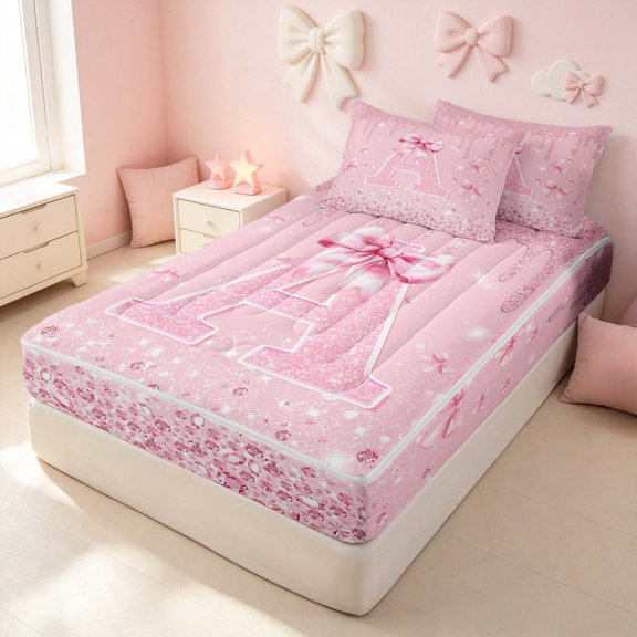 Erosebridal Bow Monogrammed A Zipper Twin Comforter Sets with Fitted Sheet and 2 Pillowcases for Girls, Pink Glitter Print Zipper Bedding Set, Pink Reversible