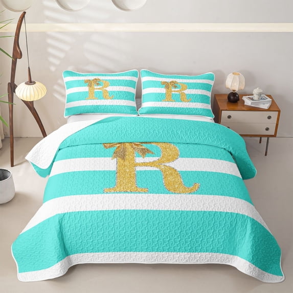 Erosebridal Bow R Letter Quilt Full for Boys Girls, Fashion Stripes Line Full Bedspread Sets, 3-Piece