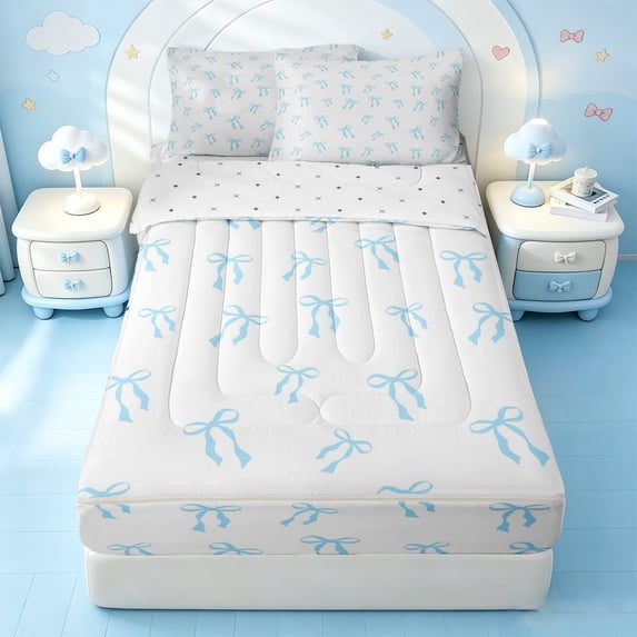 Erosebridal Bow Silhouettes Zipper Twin Comforter Sets with Fitted Sheet and 2 Pillowcases,Ribbon Simple Pattern Zipper Bedding Set For Girls,Reversible,4pcs