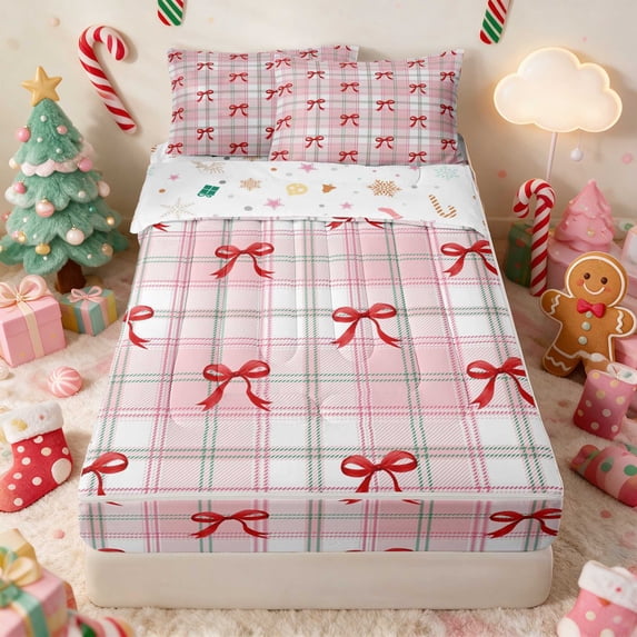 Manfei Bow Zipper Full Size Comforter Sets with Fitted Sheet and 2 Pillowcases Christmas Zipper Bedding Set, Cream Red, Xmas Reversible
