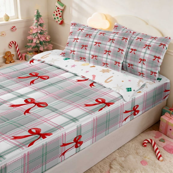 Manfei Bow Zipper Twin Comforter Sets with Fitted Sheet and 2 Pillowcases Christmas Zipper Bedding Set, Blue Silver, Xmas Reversible