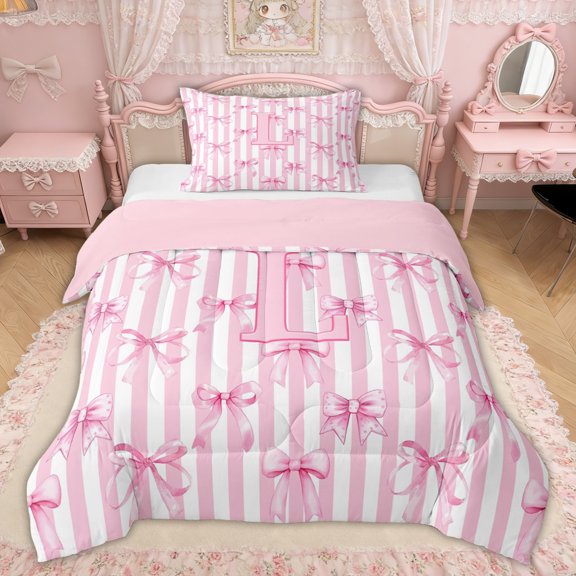 Erosebridal Bow-tie Initial L Twin Comforter Sets for Kids Girls, Ribbon Stripes Bedding Set, Pink Reversible, 2-Piece