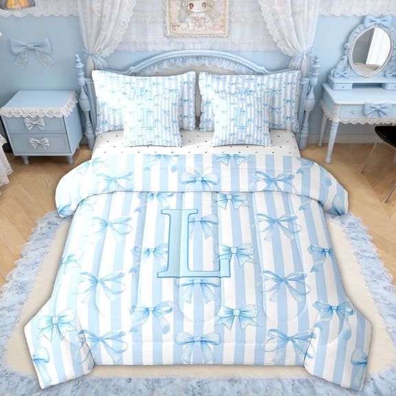 Erosebridal Bow-tie Monogrammed L Twin Bedding Sets, Blue Princess Style Bedding Comforter Set for Girls Kids Teens, Reversible, 7 Pieces