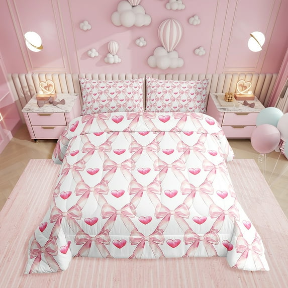 Erosebridal Bowknot Bedding Set King Teen,Dreamy Princess Style Bedding Comforter Sets Pink Cute Bow Girly Geometric Comforter Set Kawaii Bow Tie Heart Duvet Insert 2 Pillow Cases