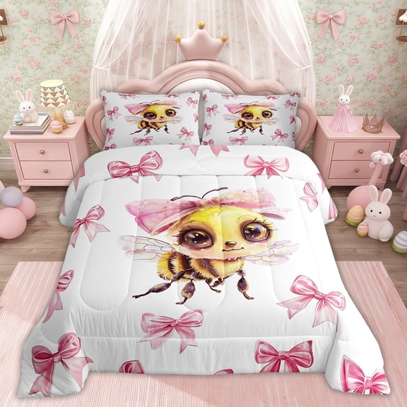 Erosebridal Bowknot Bee Comforter Sets TwinSize, Princess Bow Comforters & Duvets,, Microfiber 2-Piece