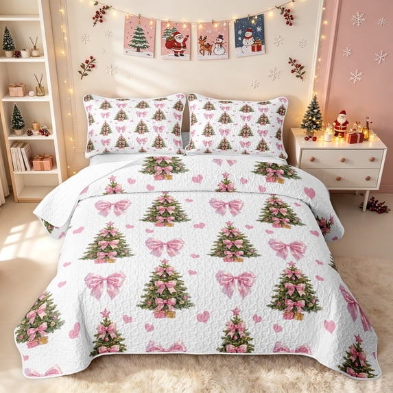 Erosebridal Bowknot Bow Quilt King, Christmas Tree King Coverlet Set, White Pink, 3pcs, 1 Bedspread and 2 Pillowcases
