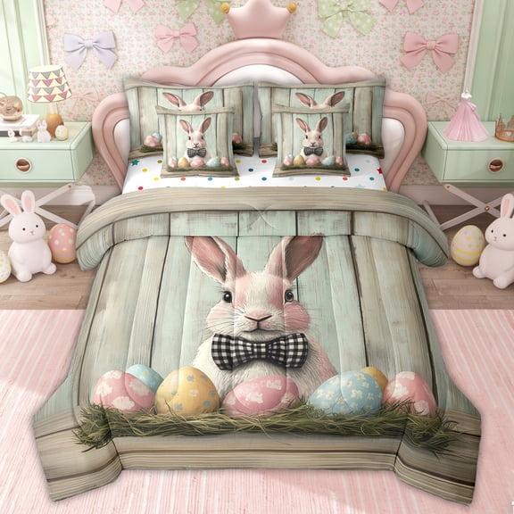 Erosebridal Bowknot Bunny Kids Bedding Comforter Set, Cute Easter Eggs Queen Bedding Sets, 7pcs