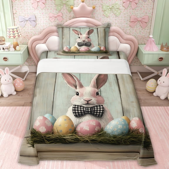 Erosebridal Bowknot Bunny Kids Twin Sheet Sets, Cute Easter Eggs Bedding, 3pcs