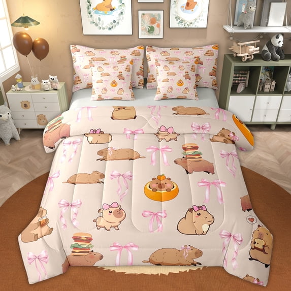 Erosebridal Bowknot Capybara Kids Bedding Comforter Set, Princess Cartoon Full Bedding Set, Grey Reversible, 7 Pieces