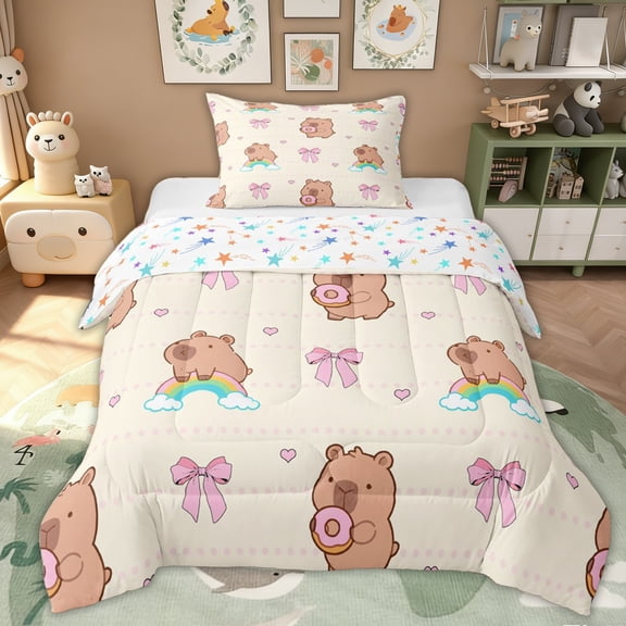 Erosebridal Bowknot Capybara Kids Twin Comforter Sets, Cartoon Animals Bedding Set, 2pcs