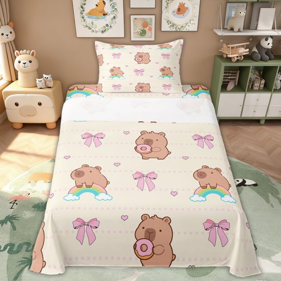 Erosebridal Bowknot Capybara Kids Twin Sheet Sets, Cartoon Animals Bedding, 3pcs