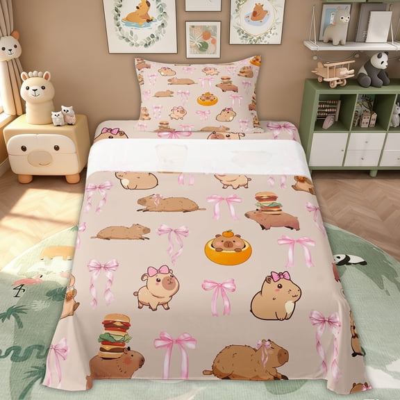 Erosebridal Bowknot Capybara Kids Twin Sheet Sets, Princess Cartoon Bedding, 3 Pieces