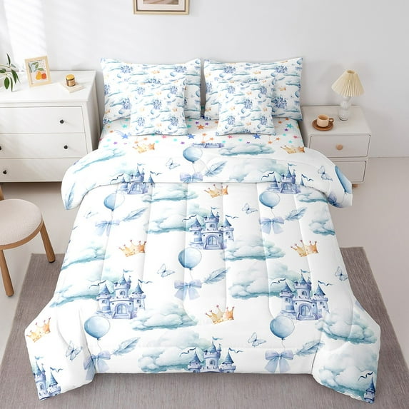 Erosebridal Bowknot Castle Bedding Sets Twin Size,Dreamy Princess Comforter Sets with Sheets,Butterfly Balloon Bed in a Bag Twin size,Super Cozy Crown Room Decoration,Reversible,7-Piece