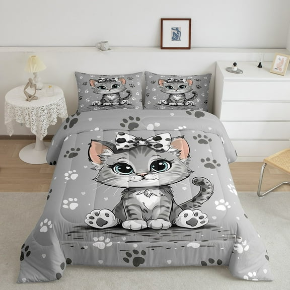 Erosebridal Bowknot Cat Bedding King Comforter Set, Cute Animal Paw Down Comforter, Grey Reversible Comforters & Duvets, Lightweight Room Decorative, 3 Pieces