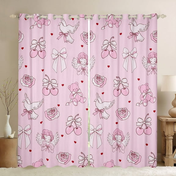 Erosebridal Bowknot Cherry Curtains Pack of 2 (42Wx63L),Bear Flower Black Out Curtains,Love Heart Curtains for Living Room,Cartoon Bedroom Decorative