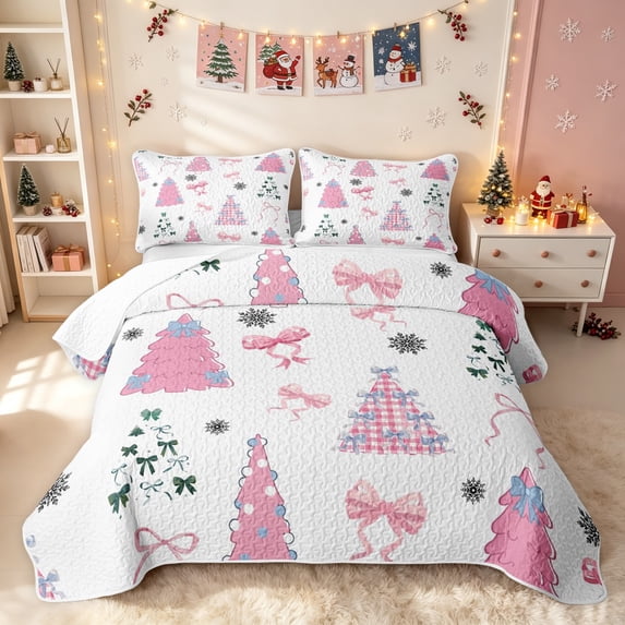 Erosebridal Bowknot Christmas Tree Twin Quilt Set, Kawaii Ribbon Twin Coverlet Set, White Pink, 2-Piece, 1 Bedspread and 1 Pillowcase