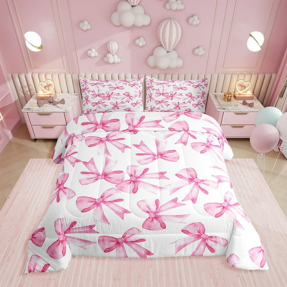 Erosebridal Bowknot Decor Comforter Set Queen Size Pink Bow Princess Style Bedding Set Watercolor Pink Quilt Set Girly Kawaii Duvet Set with 2 Pillowcases