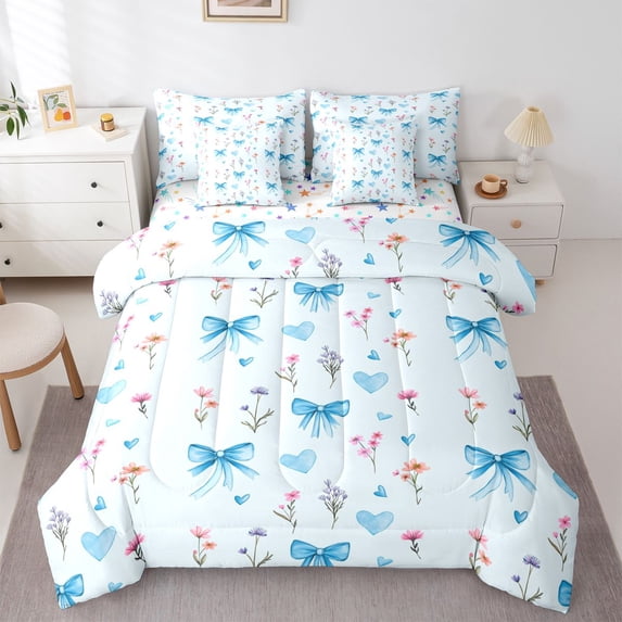 Erosebridal Bowknot Flower Kids Bedding Comforter Set 7 Pieces, Blue Love Heart Full Bedding Set