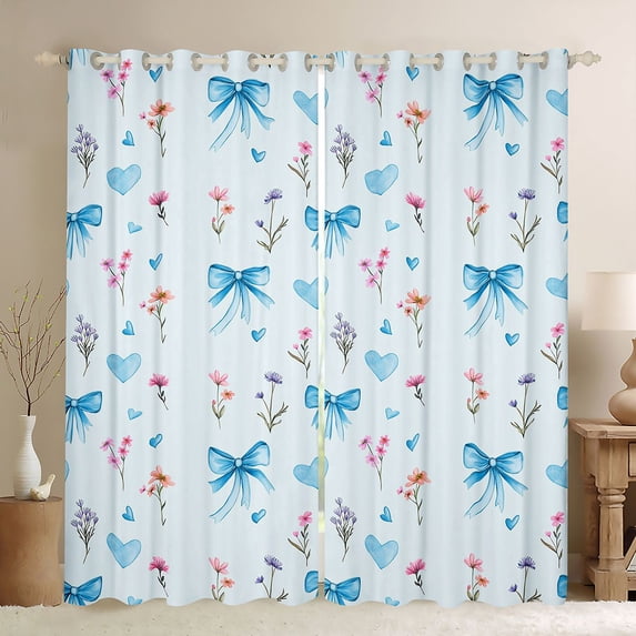 Erosebridal Bowknot Flower Kids Black Out Curtains, Blue Love Heart Curtains Pack of 2 (42x63 Each)