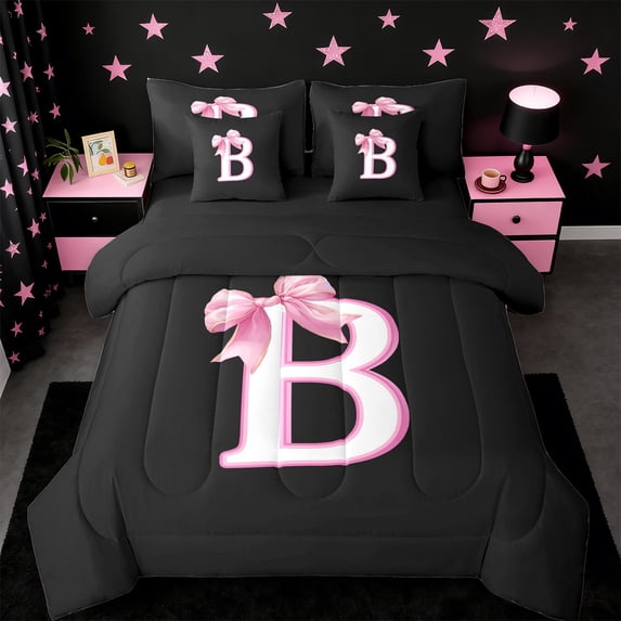 Erosebridal Bowknot Initial Alphabet B 7pcs Bedding Comforter Set,Dreamy Princess Bowtie Kids Queen Bedding Sets For Girls,Reversible Black