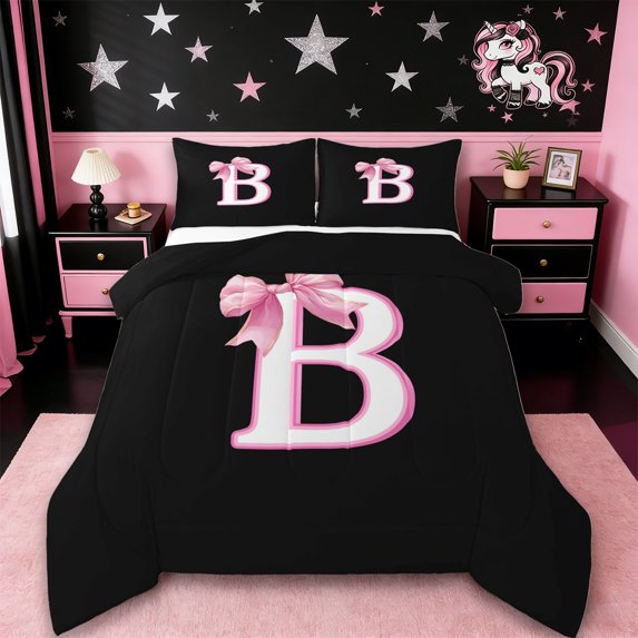 Erosebridal Bowknot Initial Alphabet B Queen Comforter Set,Dreamy Princess Bowtie Kids Bedding Comforter Set For Girls,Reversible Black 3pcs