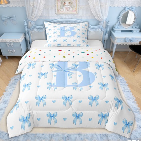 Erosebridal Bowknot Initial Letter B Twin Comforter Sets for Boys Girls, Blue Love Heart Bedding Set, Polka Dot Reversible, 2pcs