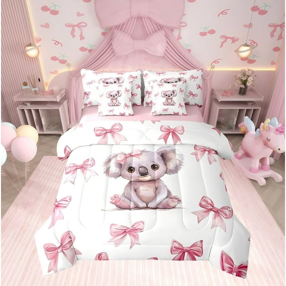 Erosebridal Bowknot Koala Bedding Sets Twin with Comforter, Princess Bow Duvet Insert,, Reversible 7 Pieces