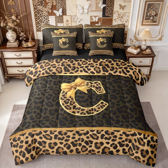 Leopard Print Monogram Erosebridal Bowknot Monogram C Queen Bedding, Cheetah Print Animal ...