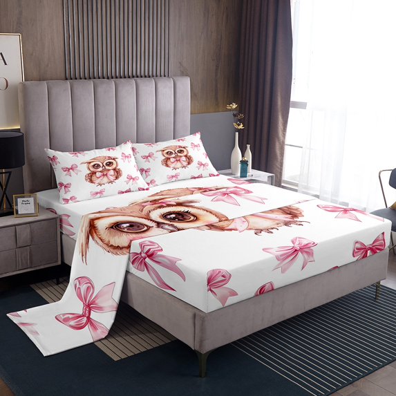 Erosebridal Bowknot Owl Sheet Set King, Princess Bow Bedding Sets King Size, 4 Pieces