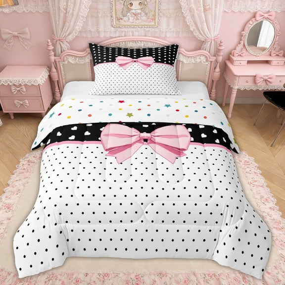 Erosebridal Bowknot Polka Dot Twin Comforter Sets, White Black Love Heart Bedding Set for Girls Kids Teens, Polka Dot Reversible, 2pcs