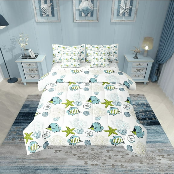 Erosebridal Marine Starfish Bedding Sets Twin Size,Cartoon Sealife Comforter Sets with Sheets,Ocean Decor,Reversible,Breathable,7pcs