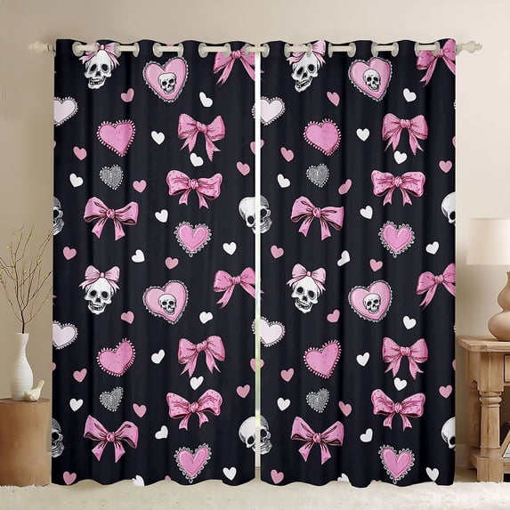 Erosebridal Bowknot Skull Heart Black Out Curtains for Girls, Cute Ribbon Curtains Pack of 2 (42x63 Each)