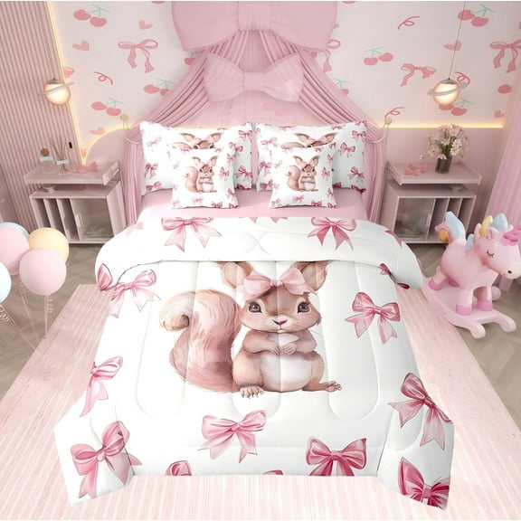 Erosebridal Bowknot Squirrel Bedding Sets Twin with Comforter, Princess Bow Duvet Insert,, Reversible 7 Pieces