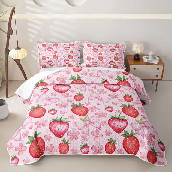 Erosebridal Bowknot Strawberry Twin Quilt Set for Girls, Watercolor Flower Print Twin Coverlet Set, 2-Piece