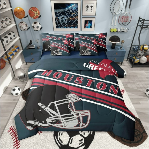 Erosebridal Football Print Bedding Sets Twin Size,Sport Gamer Comforter Sets with Sheets,Rugby Decoration(Houston),Reversible,Breathable,7pcs