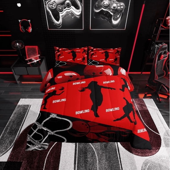 Erosebridal Bowling Player Bedding Sets Twin with Comforter, Ball Sports Lover Duvet Insert, Geometry Stripes Decor, Lightweight
