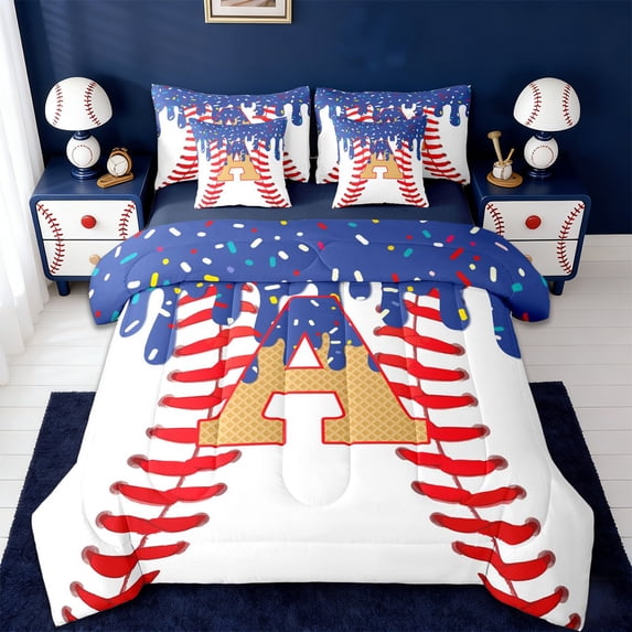 Erosebridal Boys Ball Games 7-Piece Twin Bedding Sets,Ice Cream Baseball A Alphabet Bedding Comforter Set For Kids Teens,Reversible navy blue